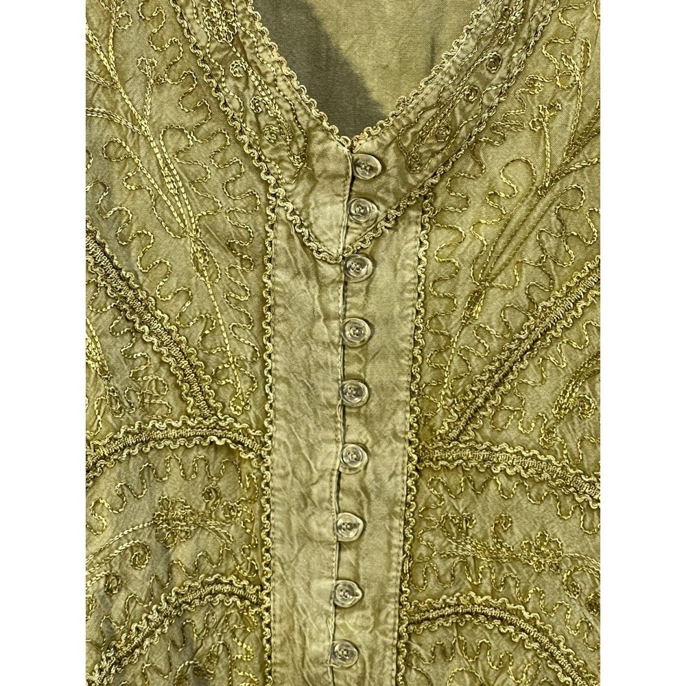 Embroidered Tunic OS Bohemian Olive Green Gold Soutache Top - Picture 4 of 5